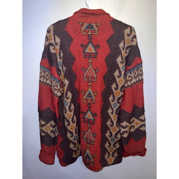 The Peruvian Collection Burgundy Open Front Sweater SZ L Aztec Pattern W Pockets - Picture 8 of 8